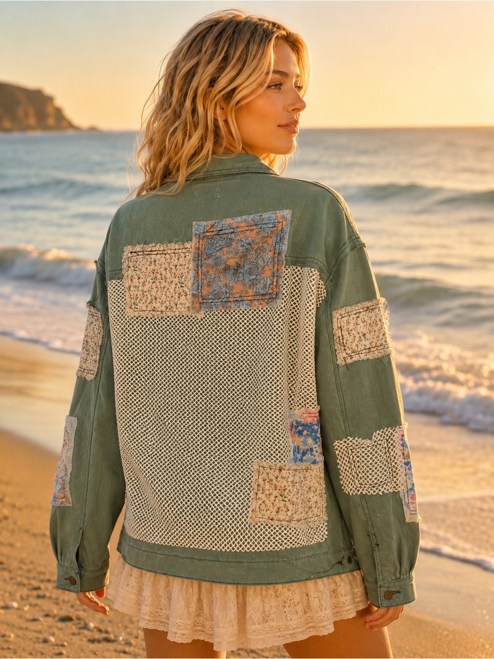 POL L Patchwork Denim Jacket in Sea Grass - Picture 3 of 9